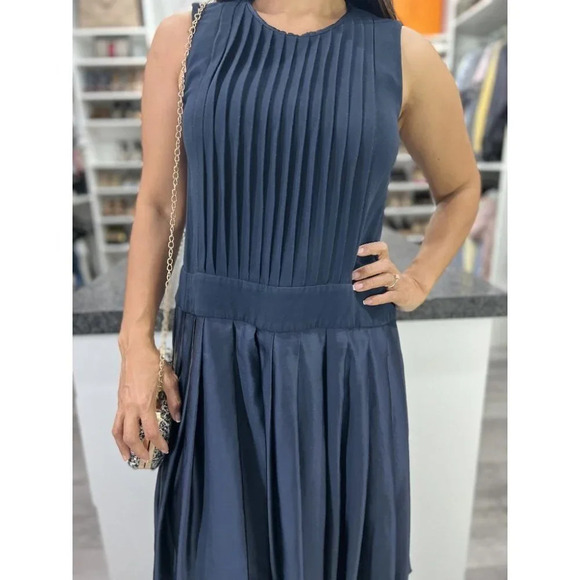 Victor Alfaro Navy Pleated Combo Midi Dress $2195 - Picture 4 of 15